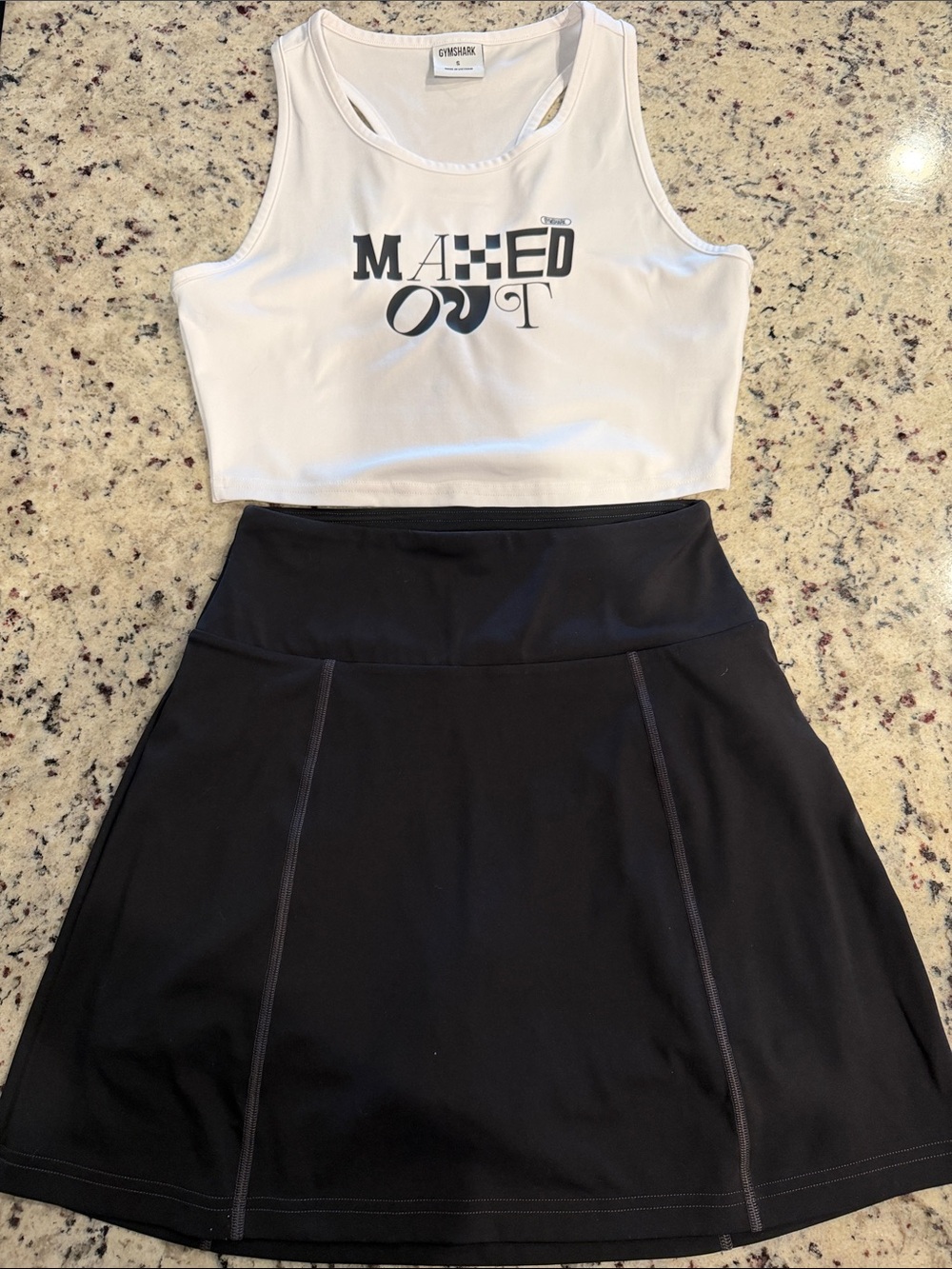 Cute Gymshark White Cropped Tank with GS Black Athletic Skort